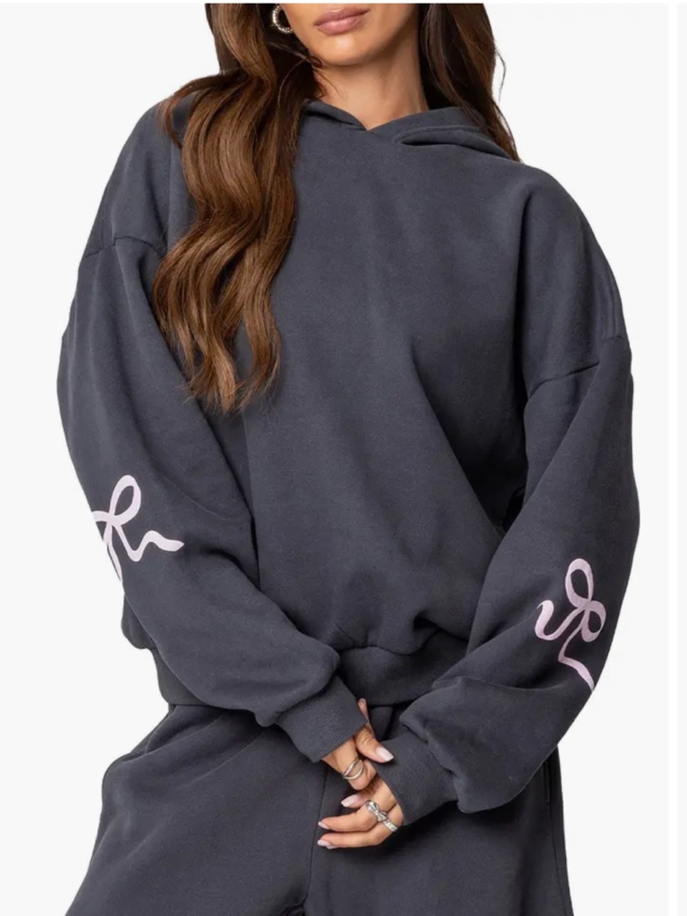 Edikted Charcoal Gray Oversized Hoodie with Pink Sleeve Script